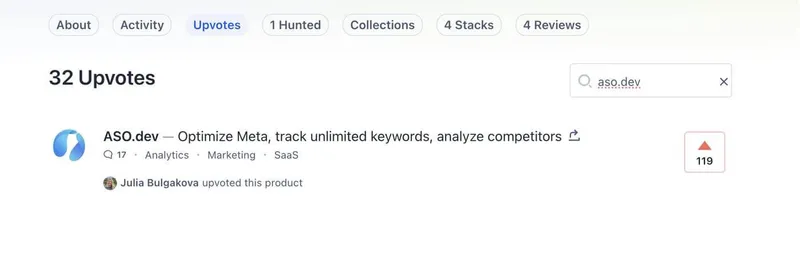 ASO.dev search upvote