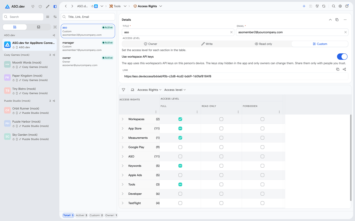 ASO.dev workspace sharing and flexible access rights