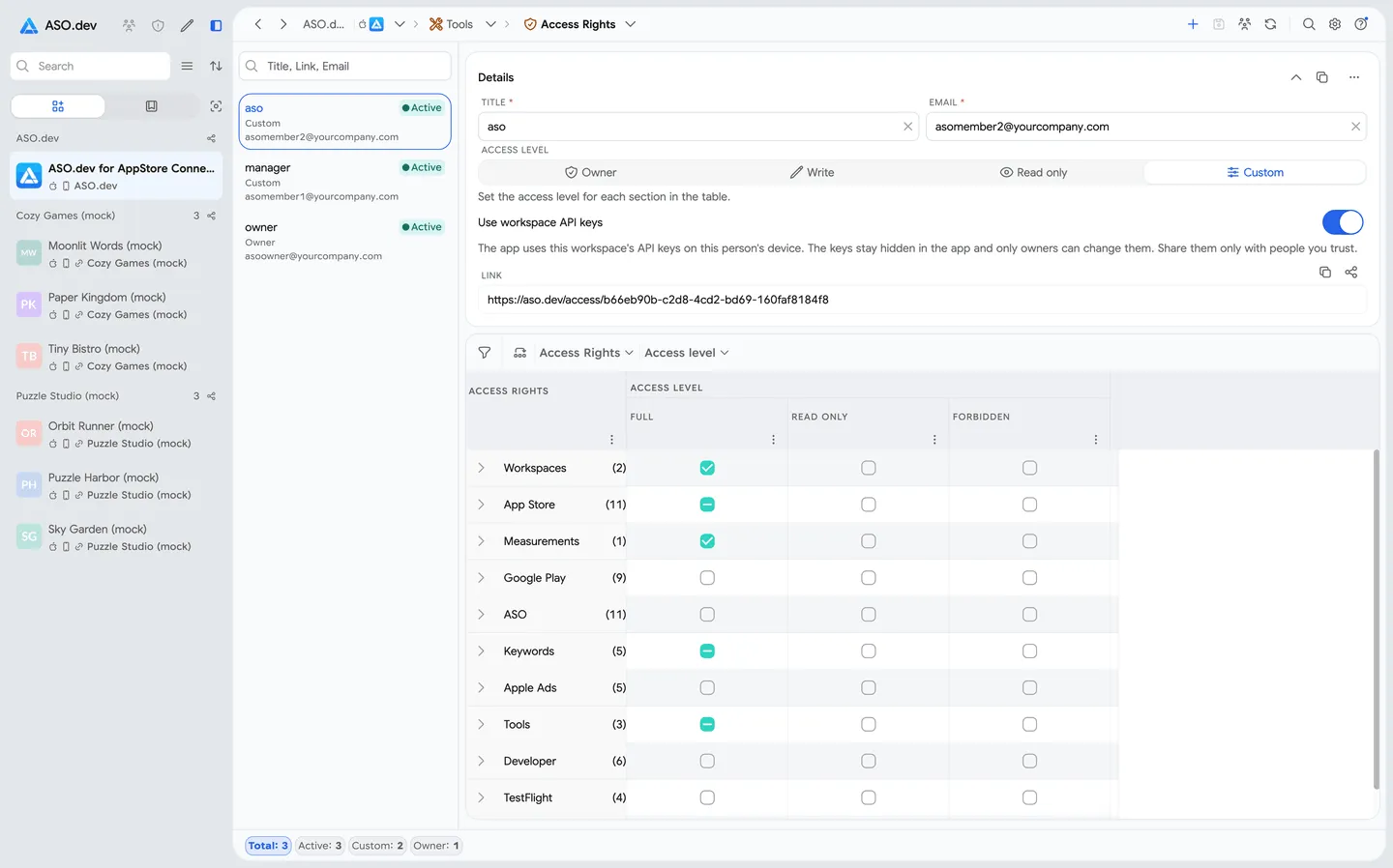 ASO.dev workspace sharing and flexible access rights