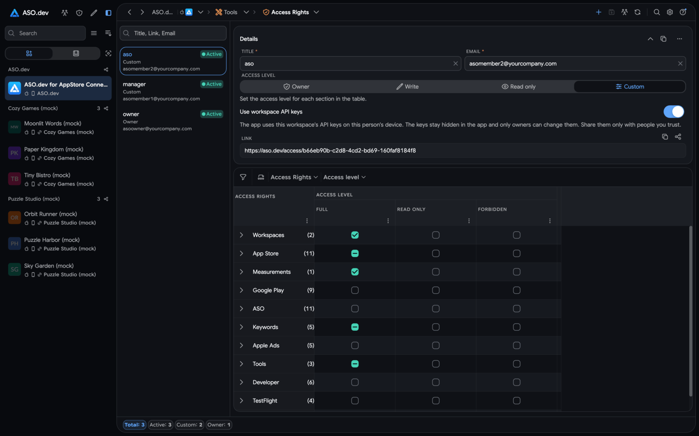 Individual permissions for a project and its sections in ASO.dev