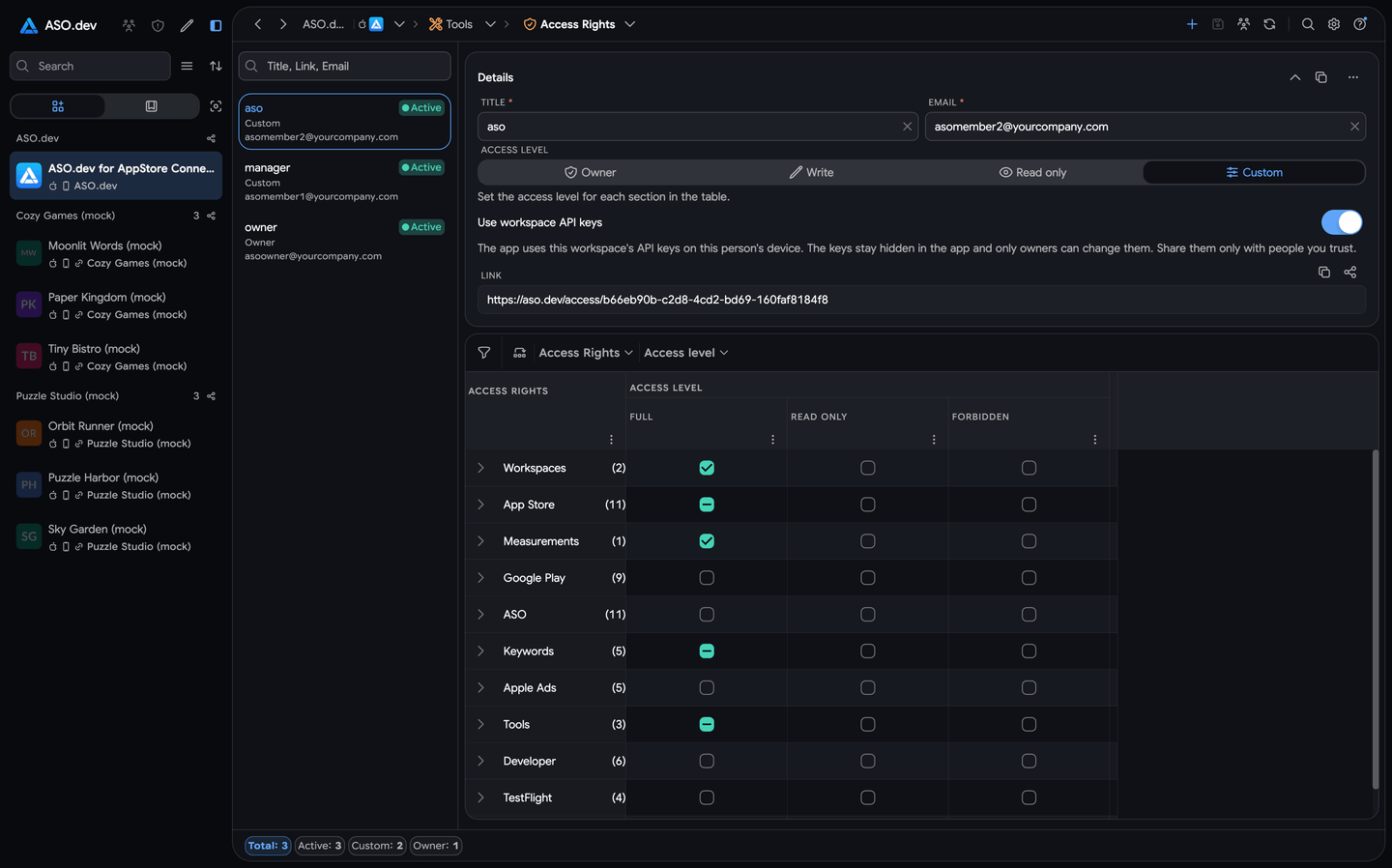 ASO.dev workspace sharing and flexible access rights