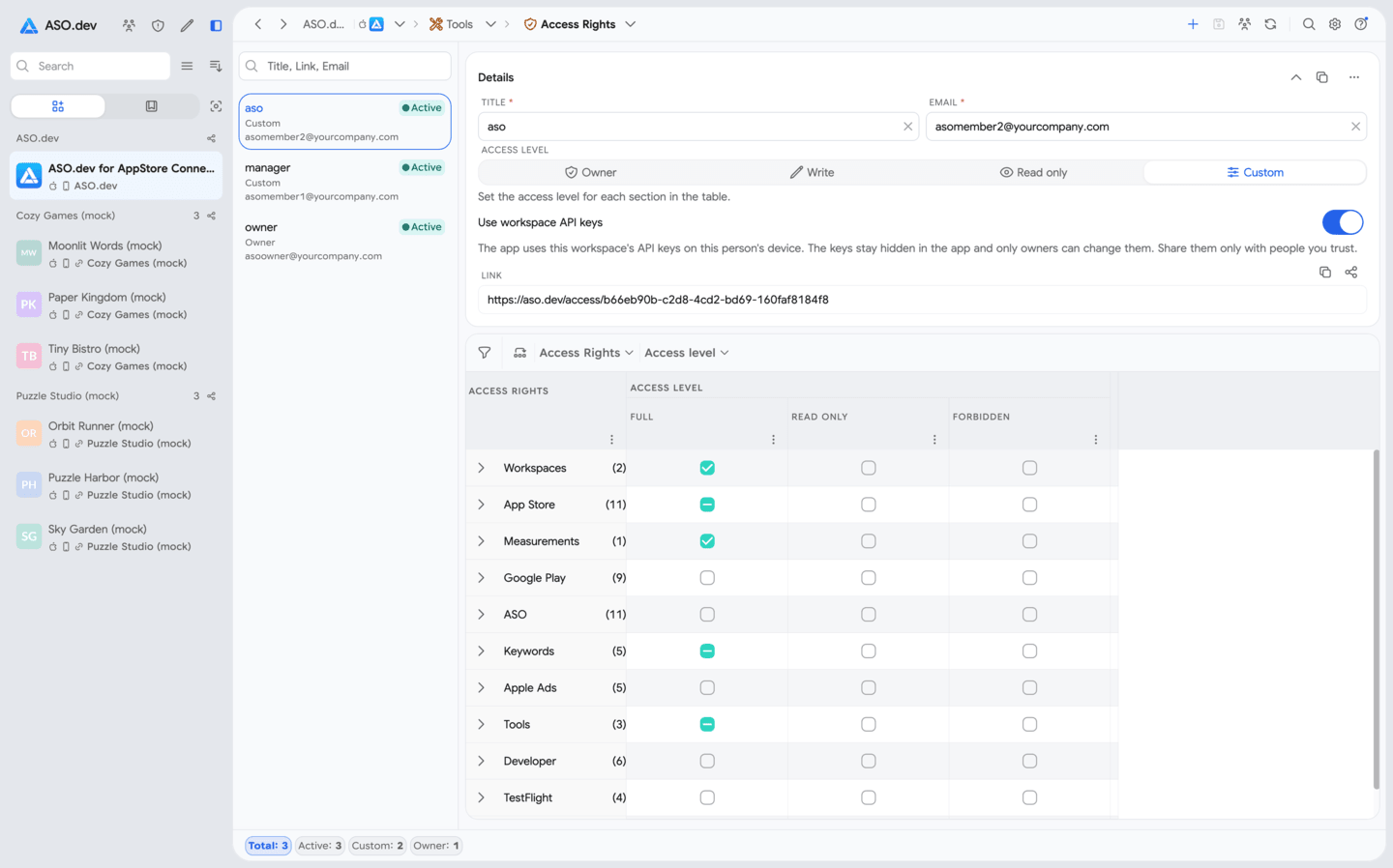 Individual permissions for a project and its sections in ASO.dev