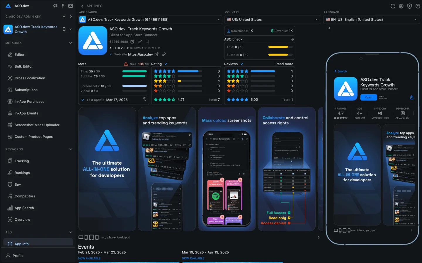 Preview in App Store Connect with core metrics