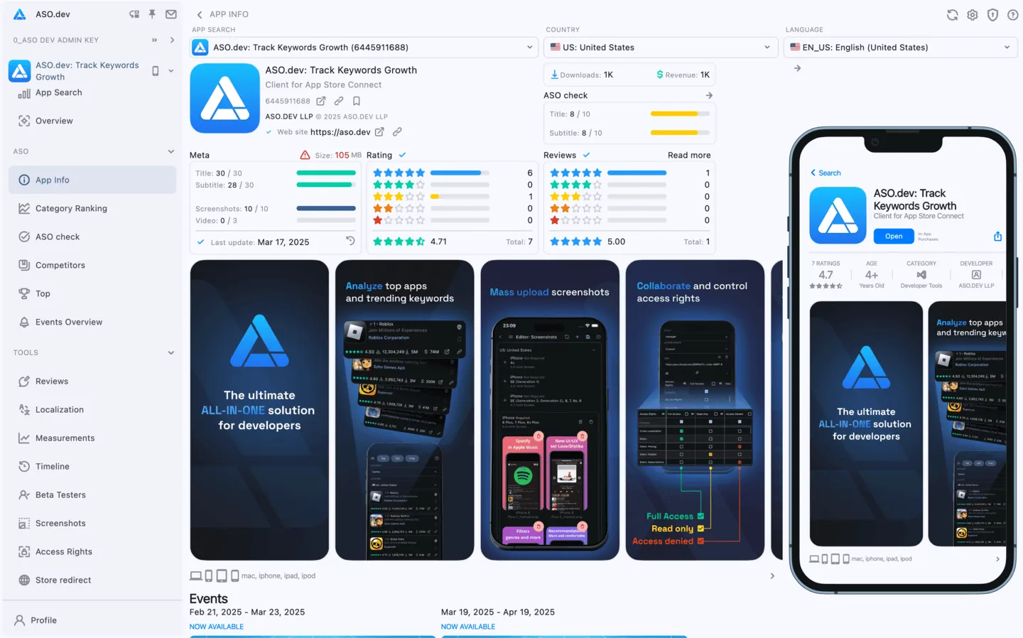 Preview in App Store Connect with core metrics