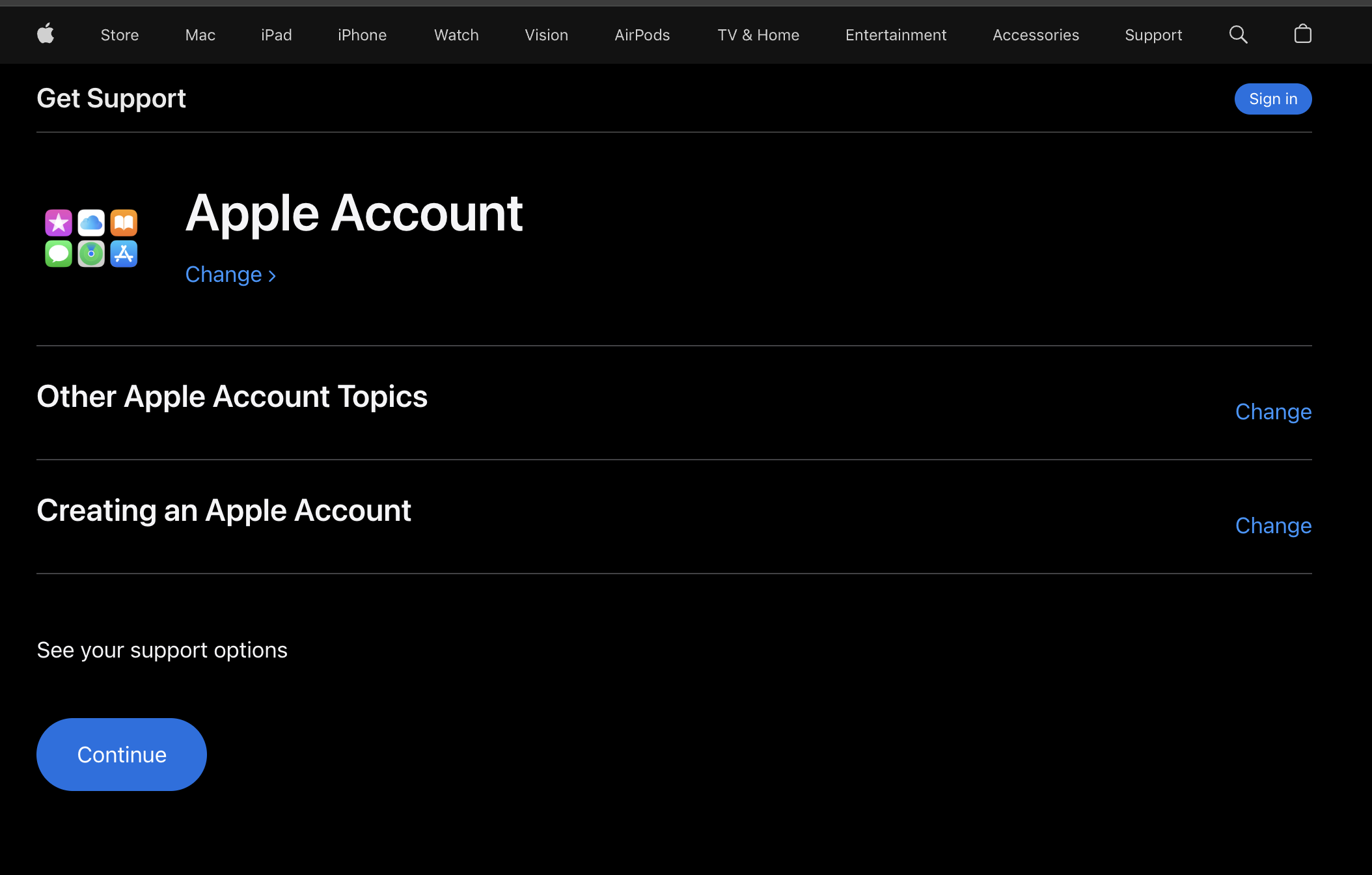 Apple Support route: Apple Account, Other Apple Account Topics, Creating an Apple Account