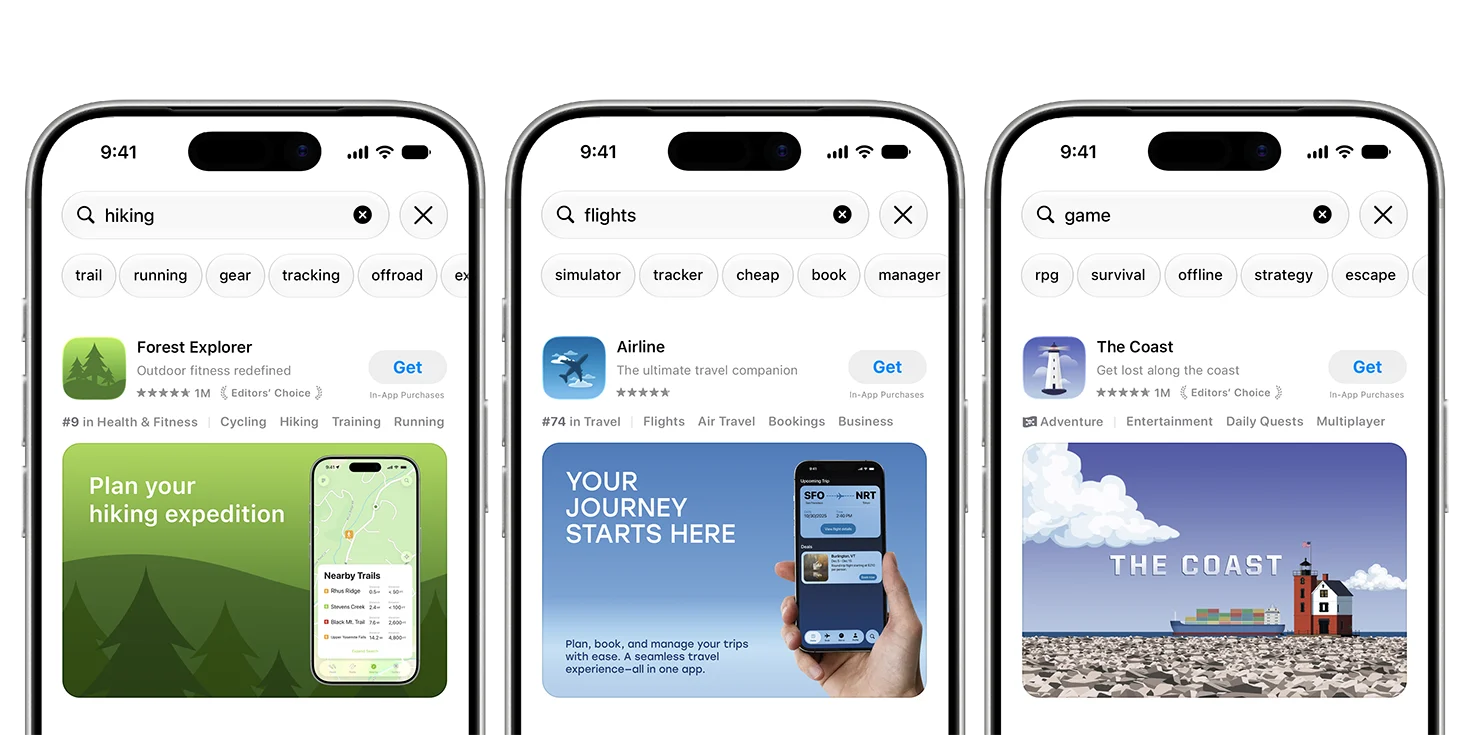 Apple examples: images for outdoor, travel and game apps in App Store search results