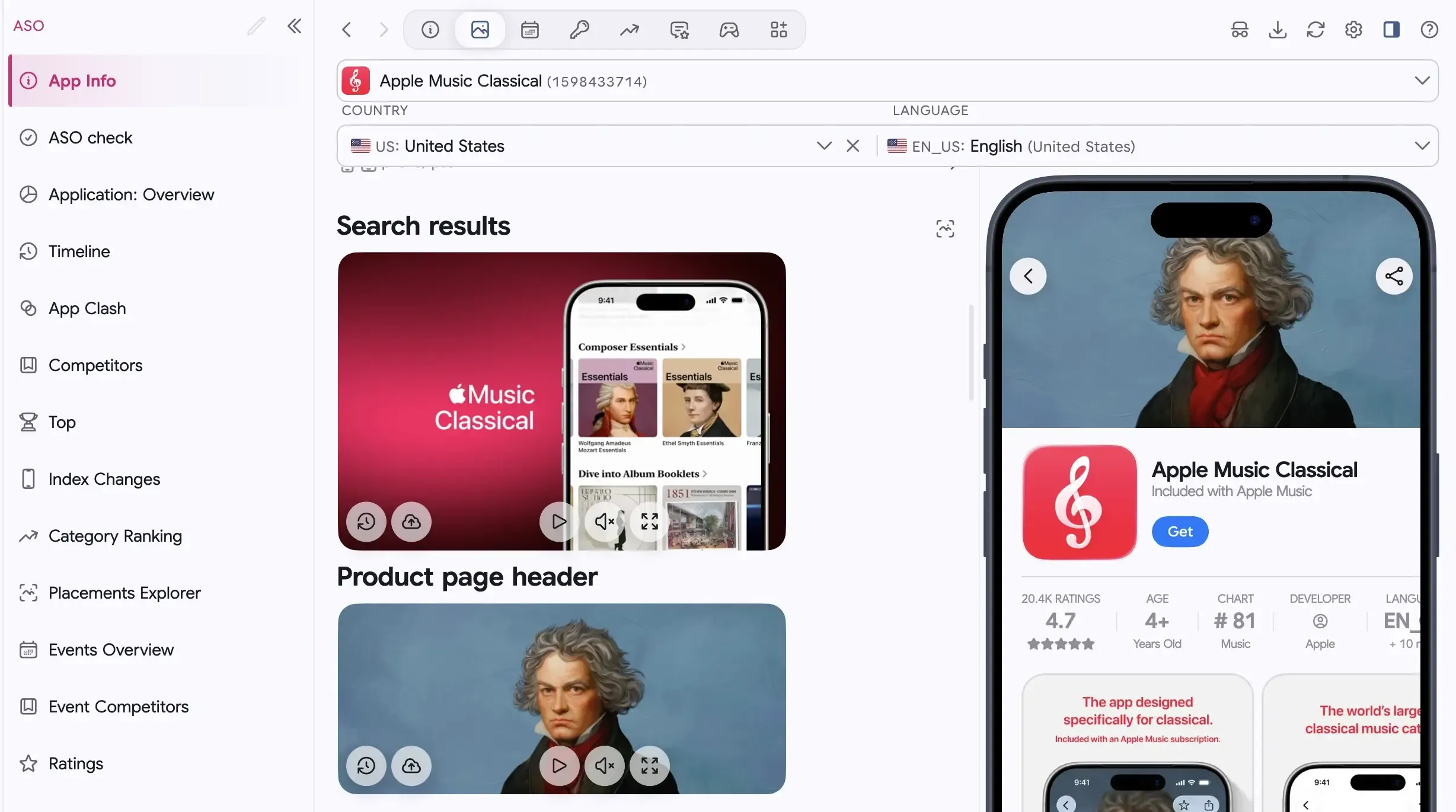 ASO.dev App Info: country and localization selectors, search and header media, and an iPhone product page preview