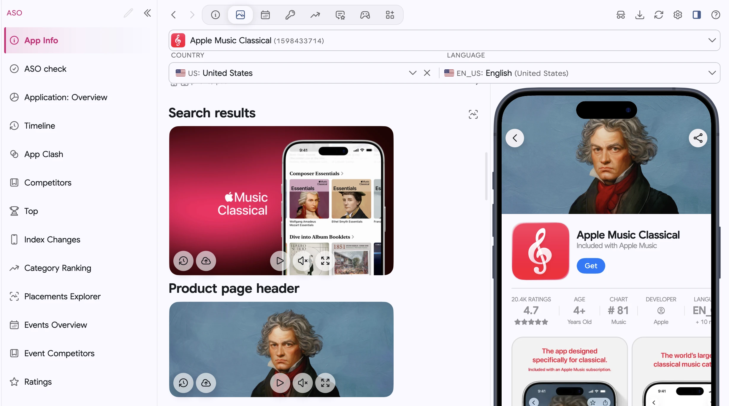 ASO.dev App Info: country and localization selectors, search and header media, and an iPhone product page preview