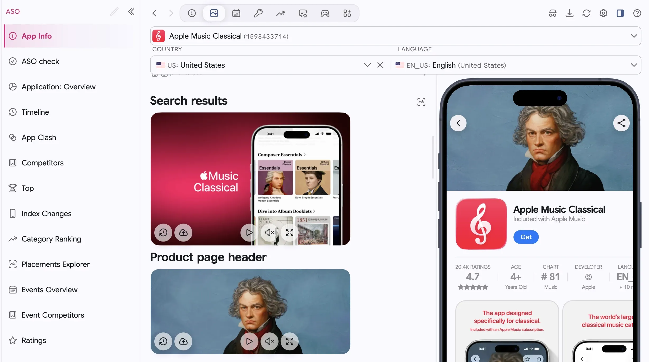 ASO.dev App Info: country and localization selectors, search and header media, and an iPhone product page preview