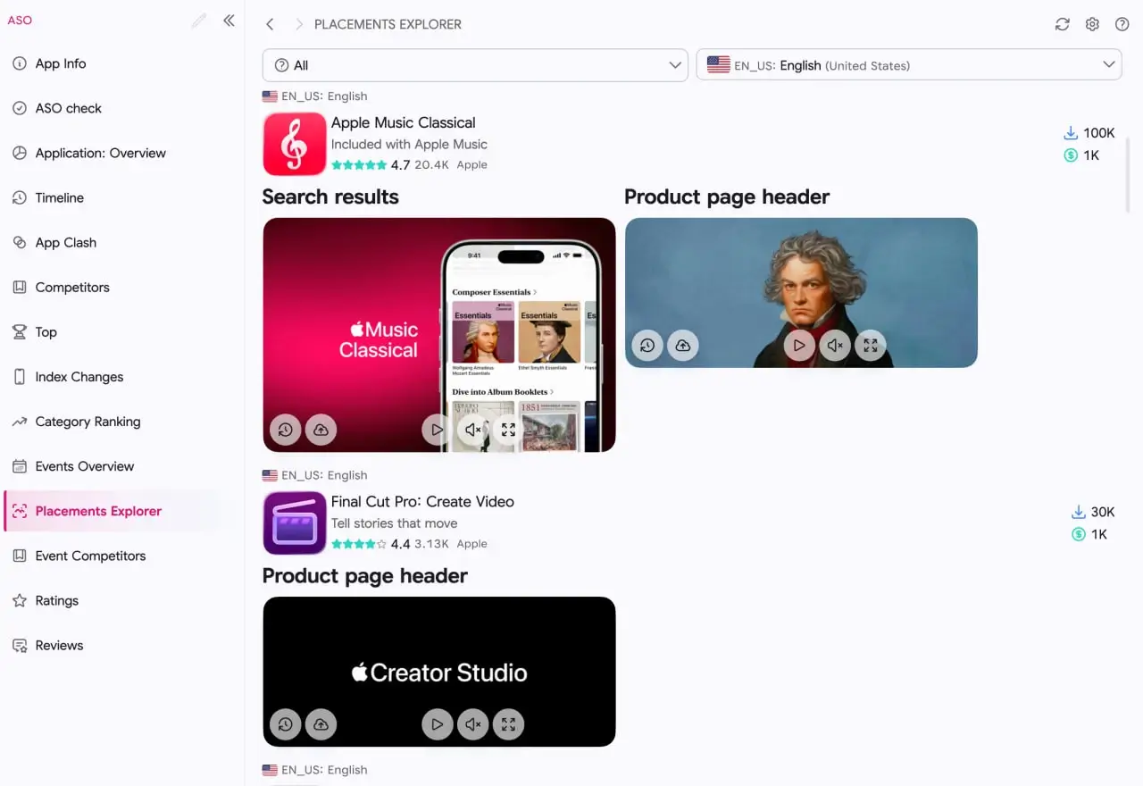 ASO.dev Placements Explorer: category and localization filters, Apple Music Classical and Final Cut Pro assets
