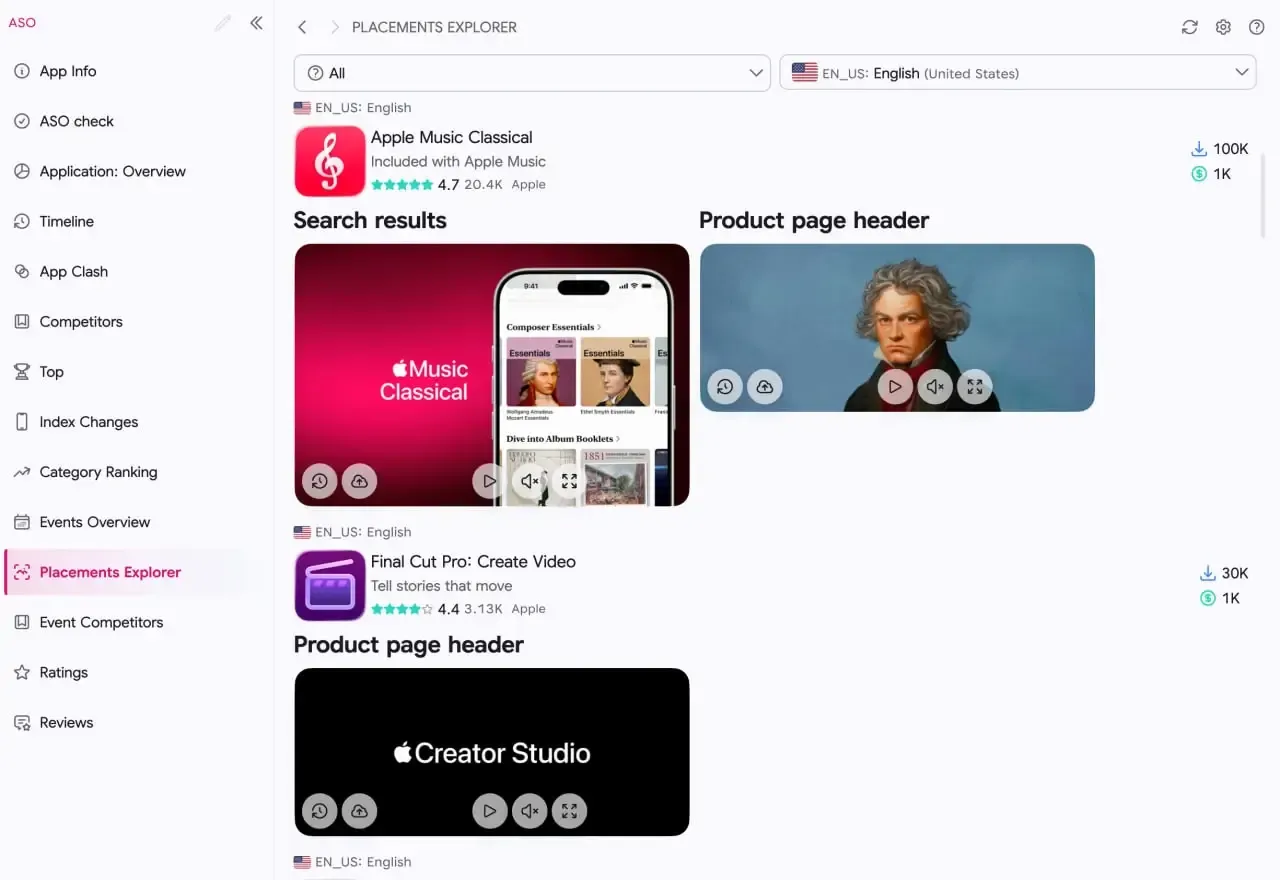 ASO.dev Placements Explorer: category and localization filters, Apple Music Classical and Final Cut Pro assets