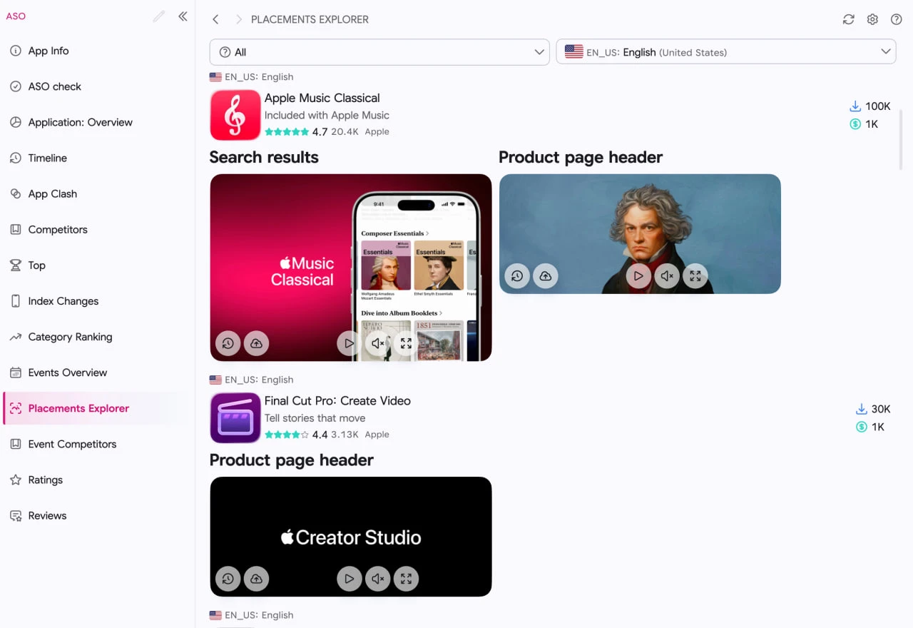 ASO.dev Placements Explorer: category and localization filters, Apple Music Classical and Final Cut Pro assets