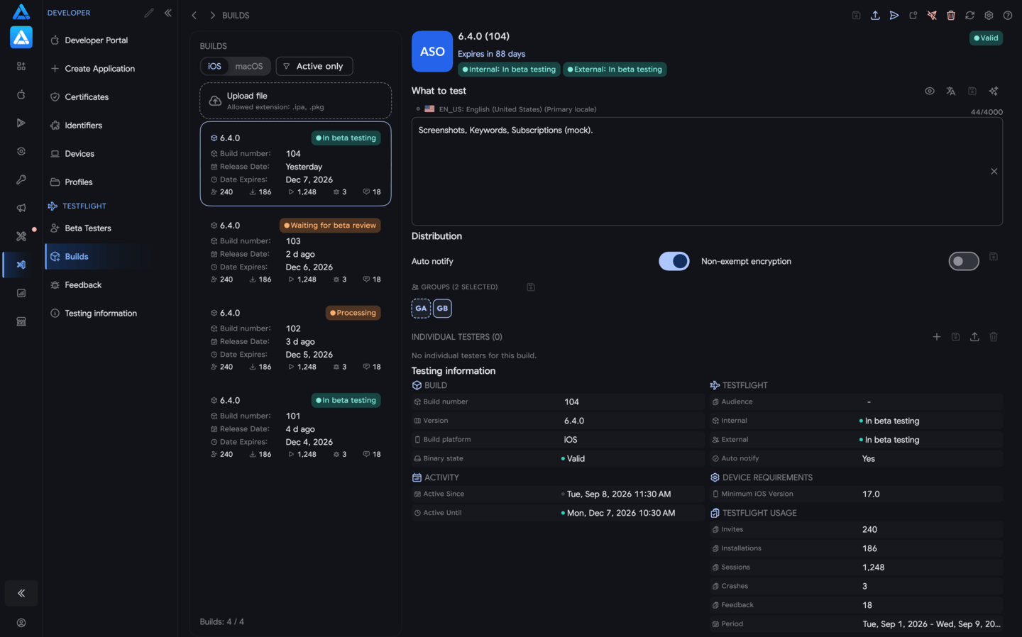 ASO.dev 中的 TestFlight Beta 构建版本