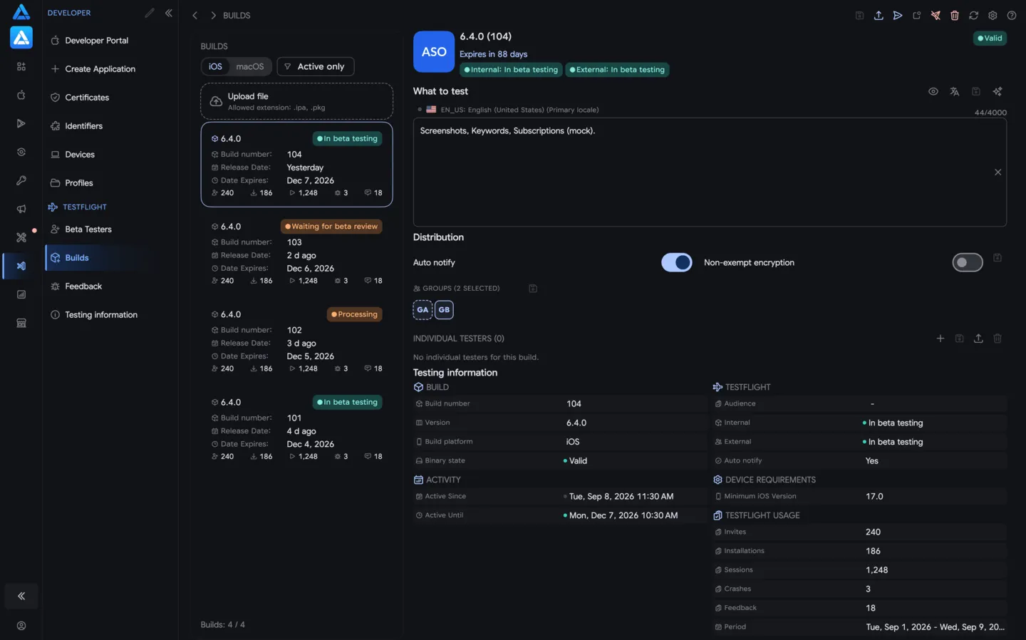 ASO.dev 中的 TestFlight Beta 构建版本
