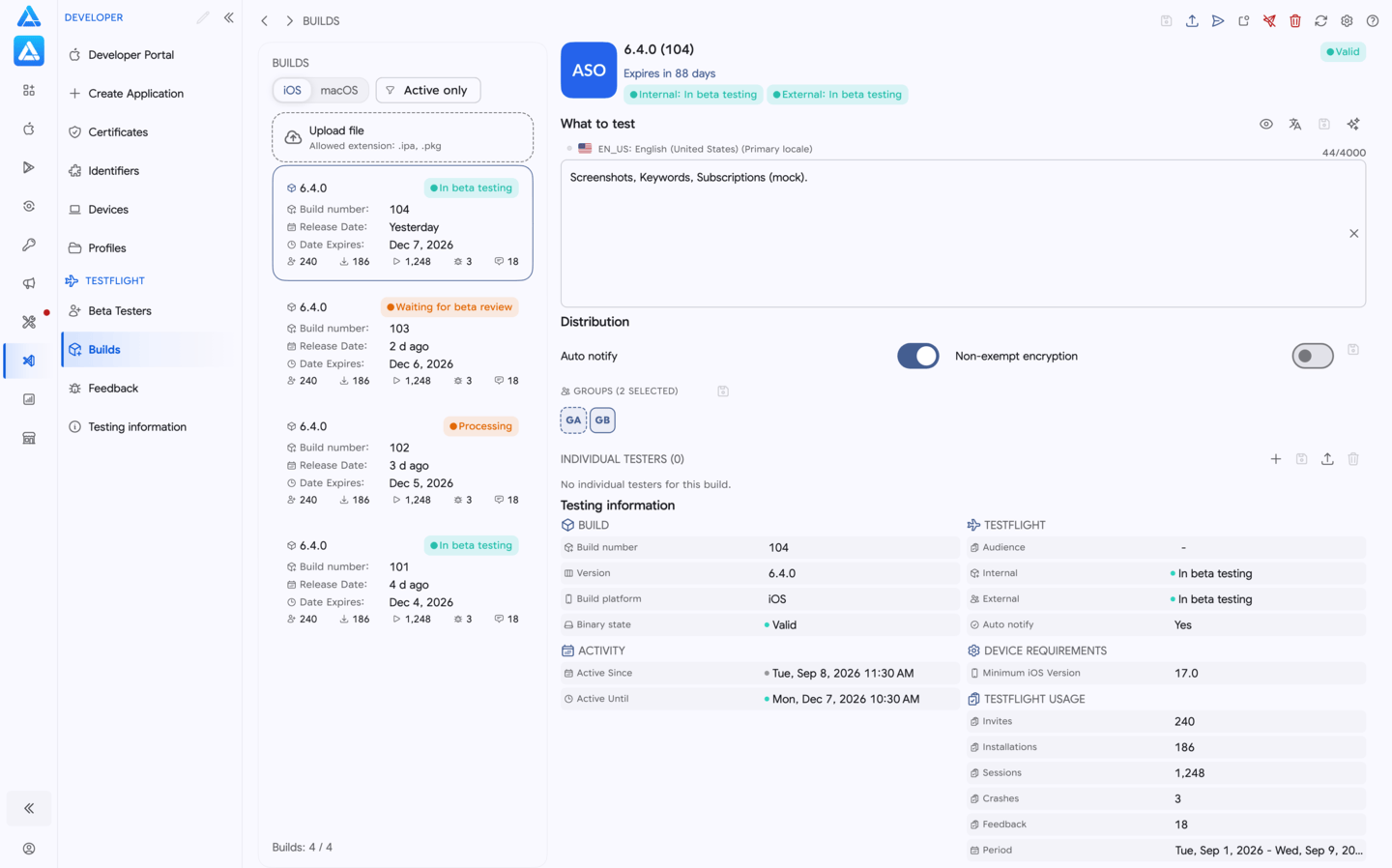 ASO.dev 中的 TestFlight Beta 构建版本