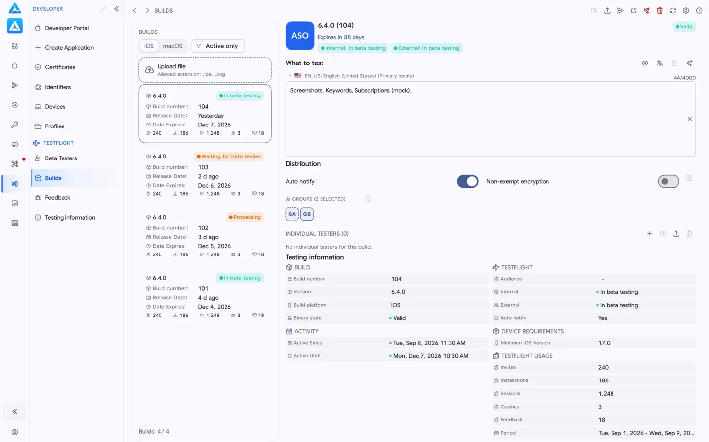 ASO.dev 中的 TestFlight Beta 构建版本