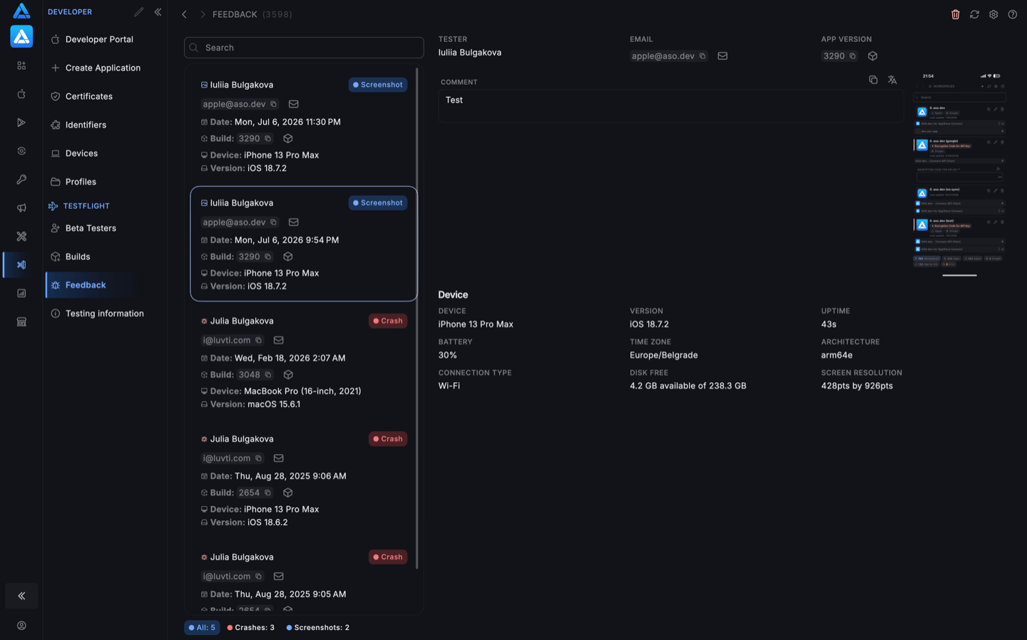 TestFlight feedback and crash reports in ASO.dev
