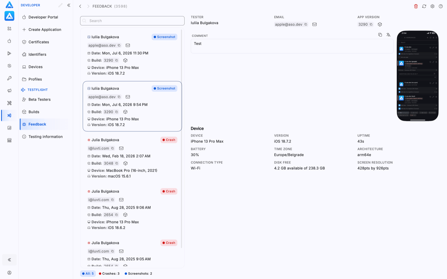 TestFlight feedback and crash reports in ASO.dev
