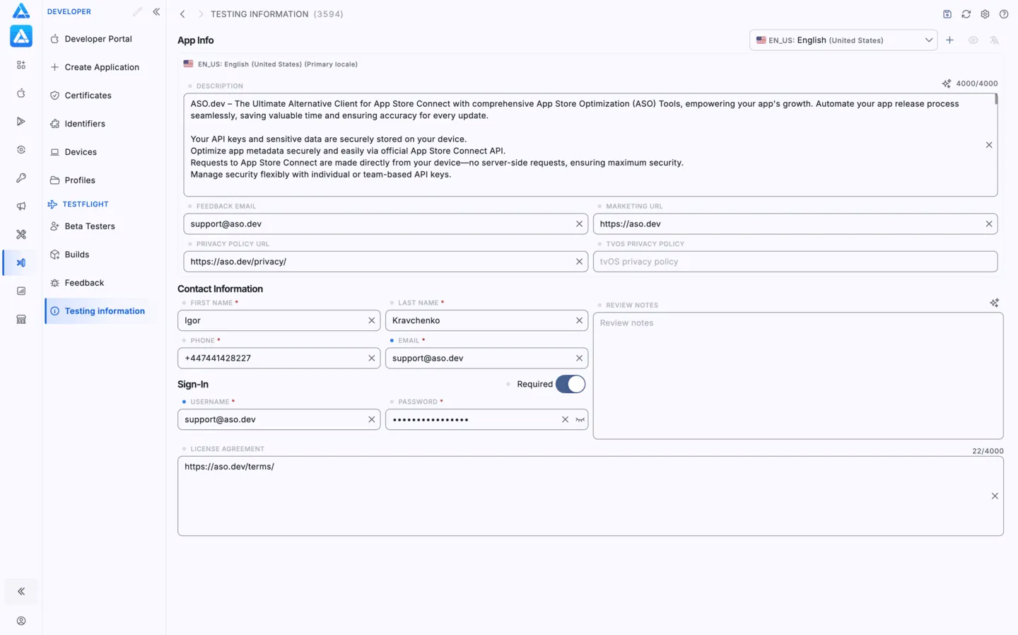 Testing information