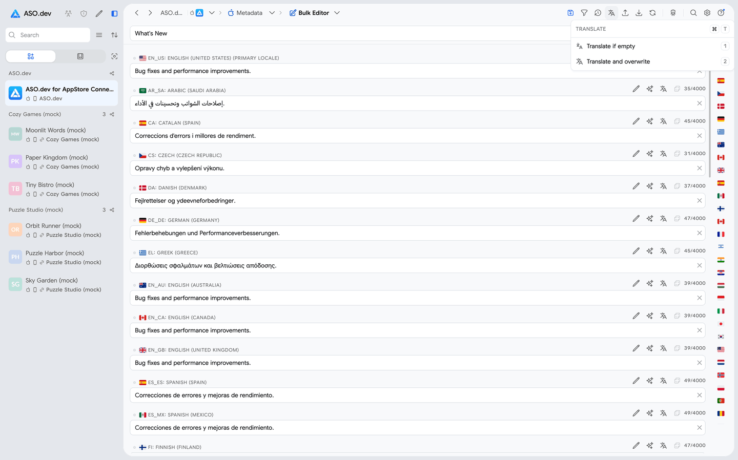 Editing App Store metadata across localizations in the ASO.dev Bulk Editor