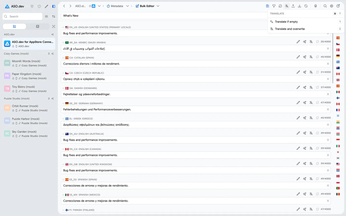 Editing App Store metadata across localizations in the ASO.dev Bulk Editor