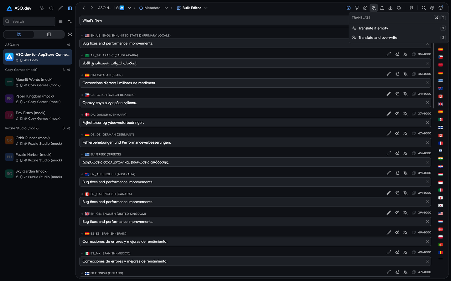 Editing App Store metadata across localizations in the ASO.dev Bulk Editor