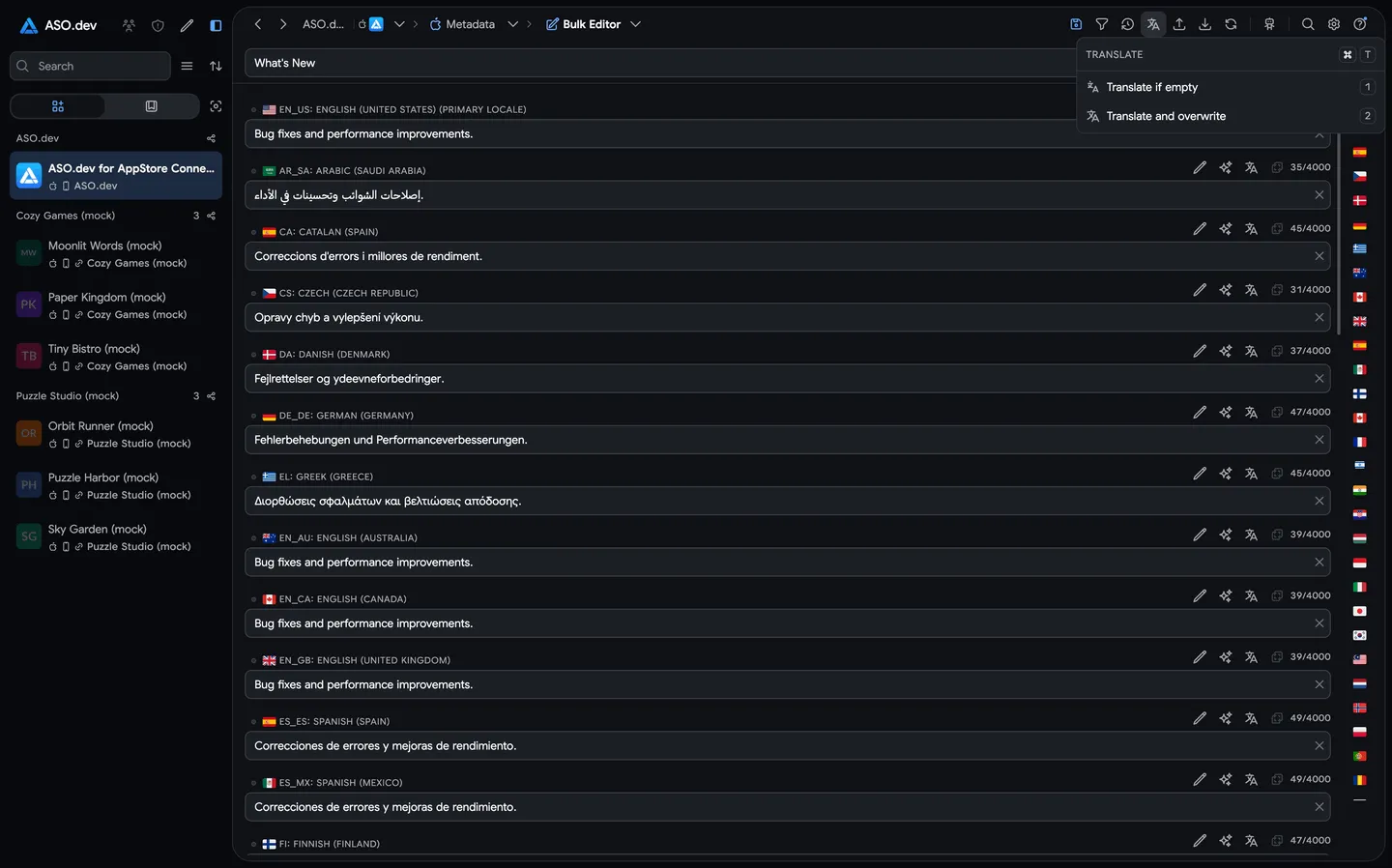 Editing App Store metadata across localizations in the ASO.dev Bulk Editor