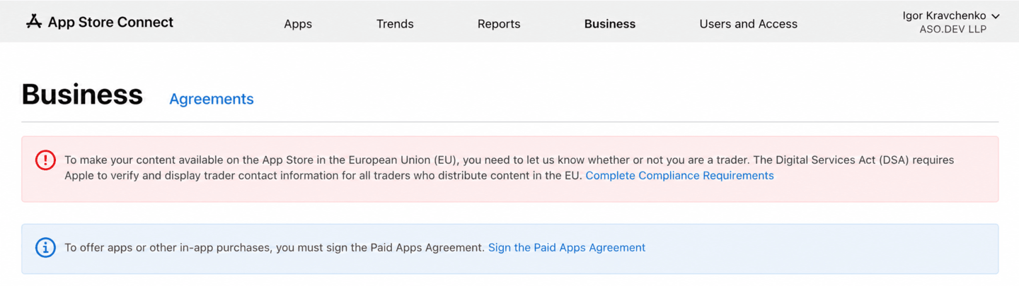 App Store Connect requires trader compliance information and the Paid Apps Agreement