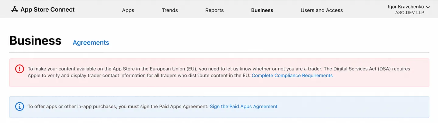 App Store Connect требует заполнить сведения о продавце и подписать Paid Apps Agreement