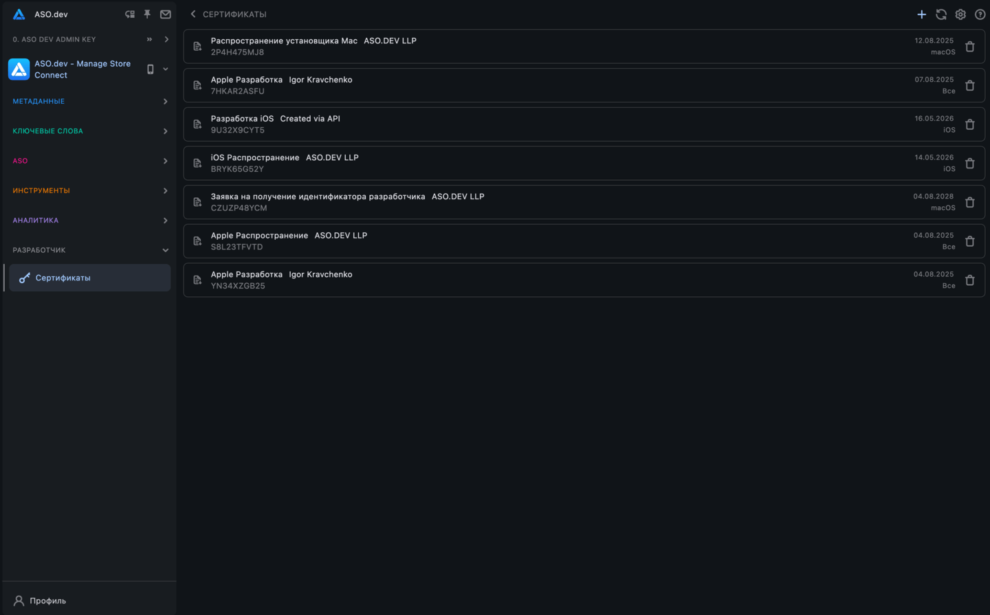 Управление сертификатами Apple через ASO.dev