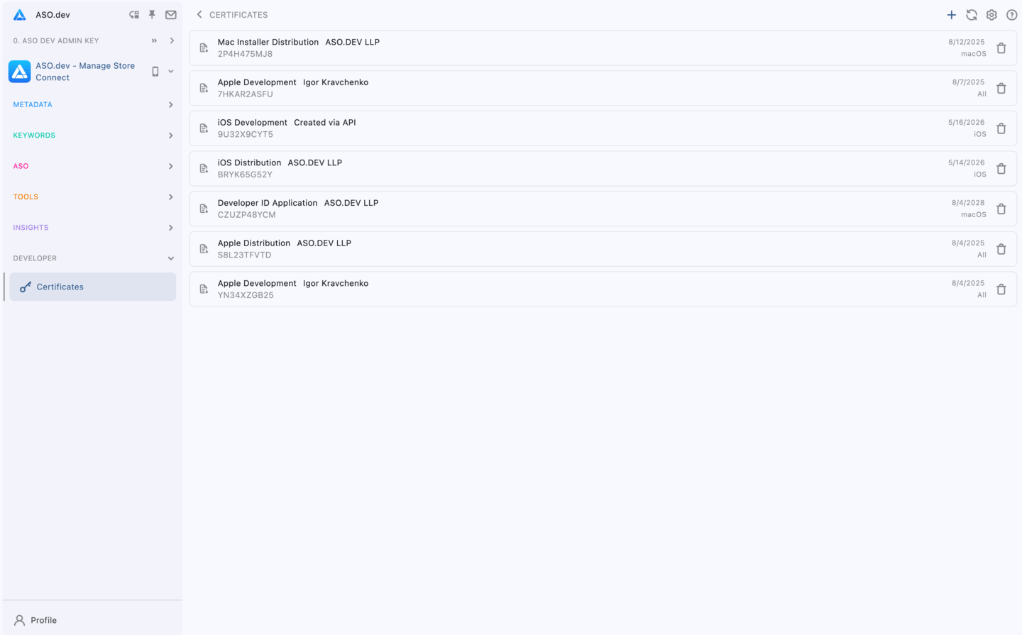 Manage Apple Certificates via ASO.dev