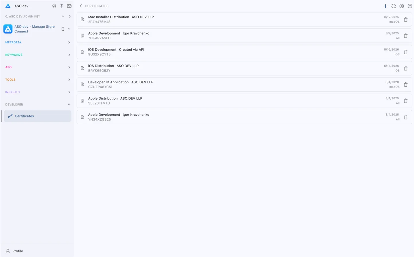 Manage Apple Certificates via ASO.dev