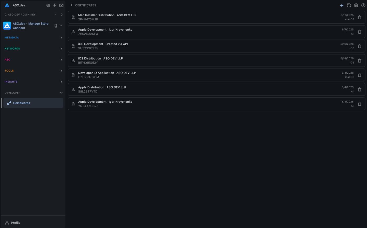 Manage Apple Certificates via ASO.dev