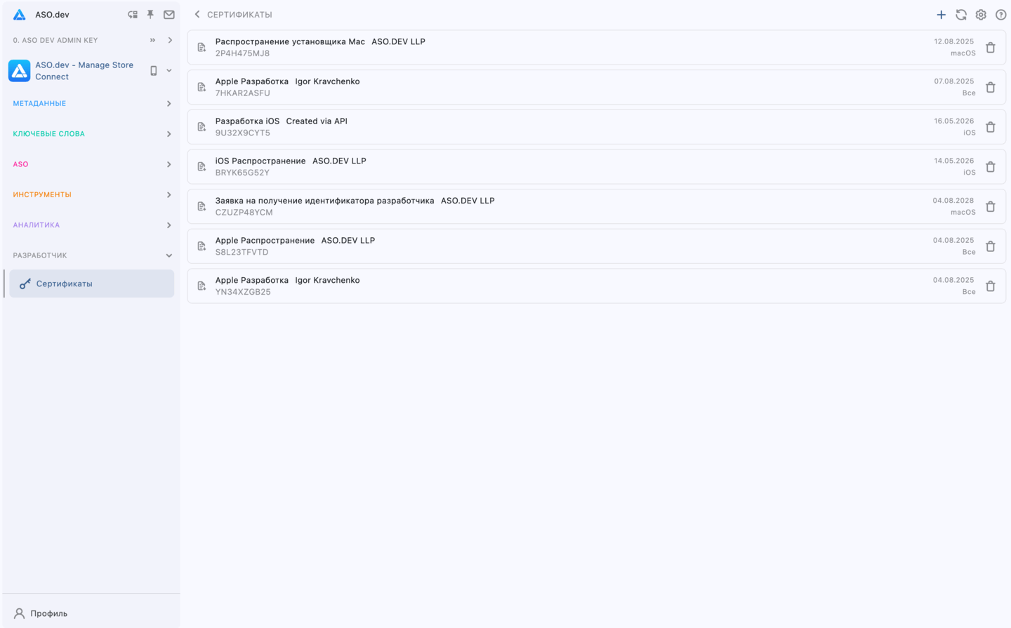 Управление сертификатами Apple через ASO.dev