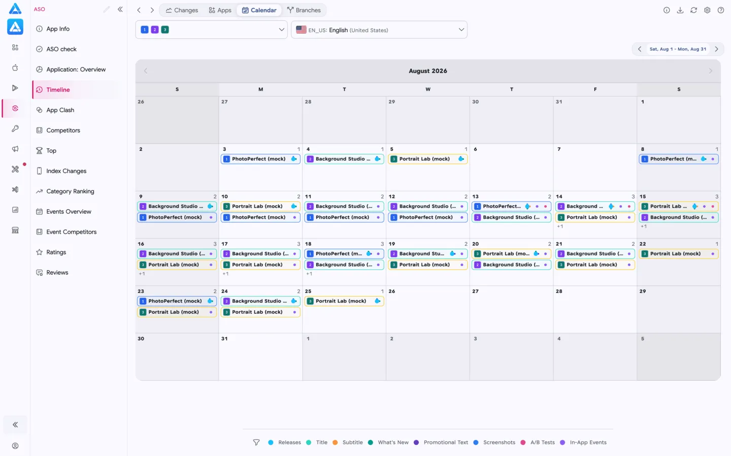 Release calendar for three mock apps