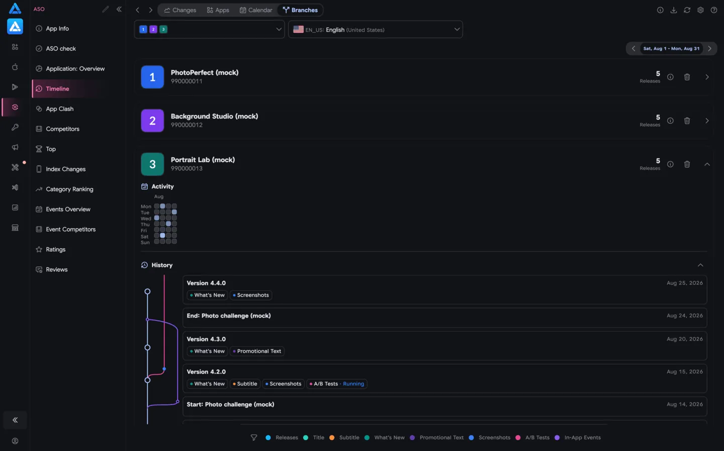 Release branches and events for three mock apps