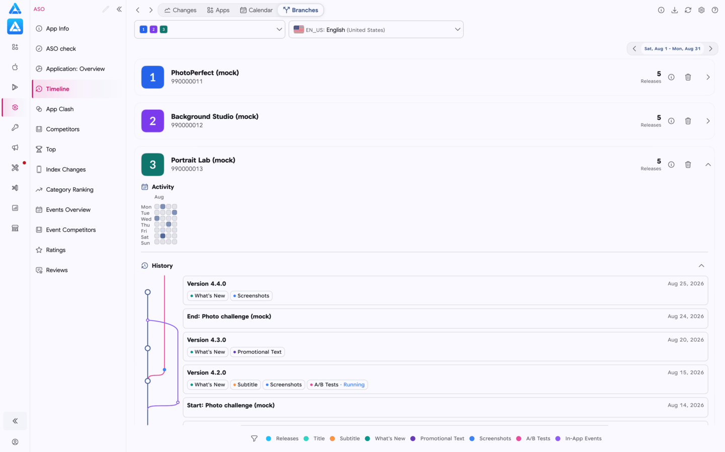 Release branches and events for three mock apps
