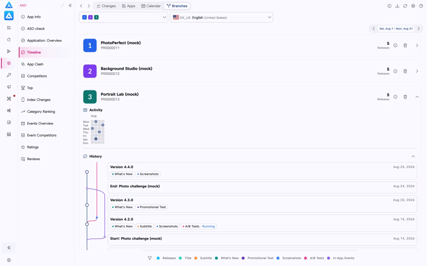 Release branches and events for three mock apps