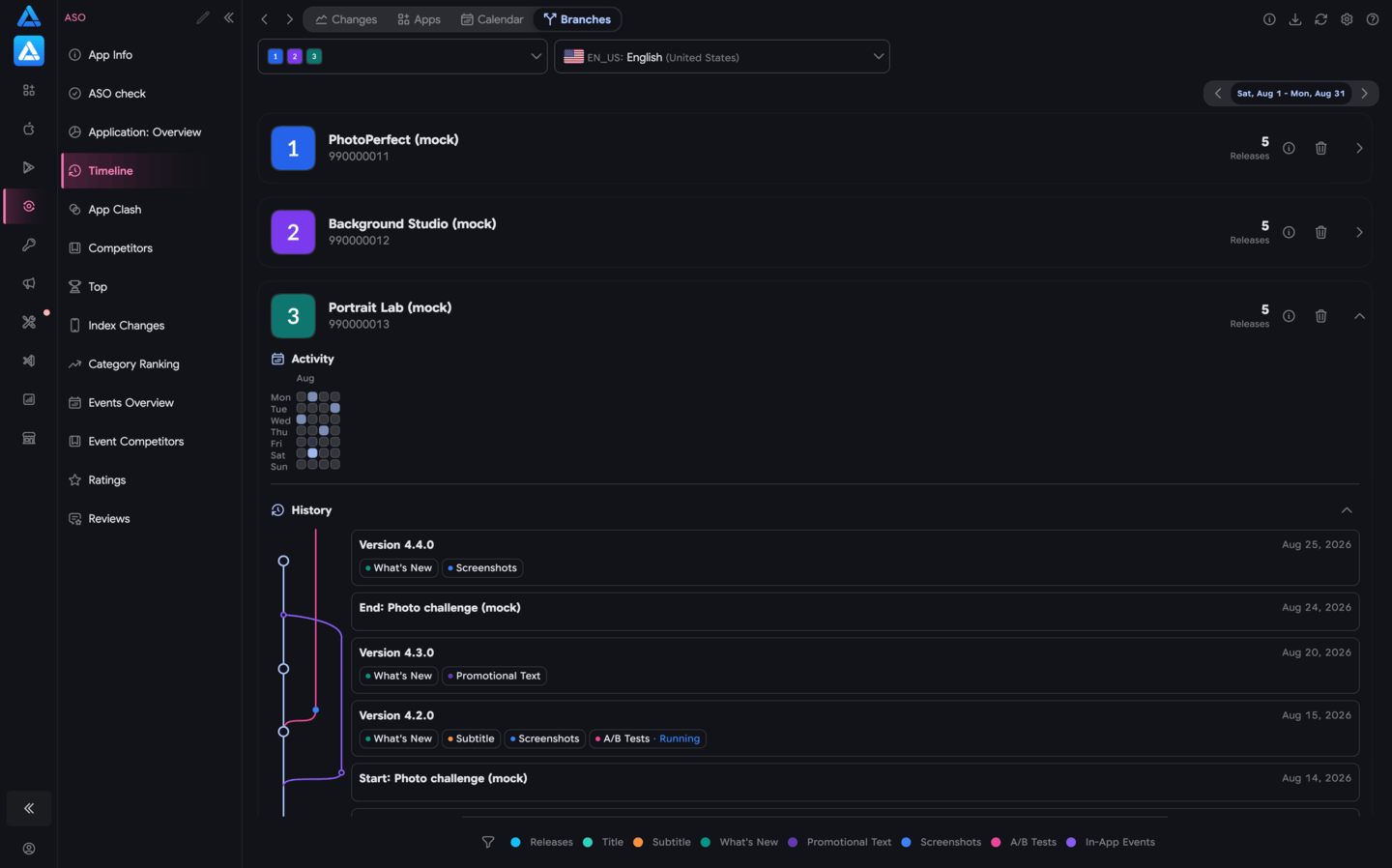 Release branches and events for three mock apps