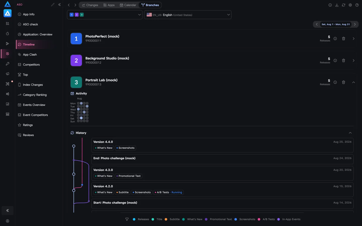 Release branches and events for three mock apps