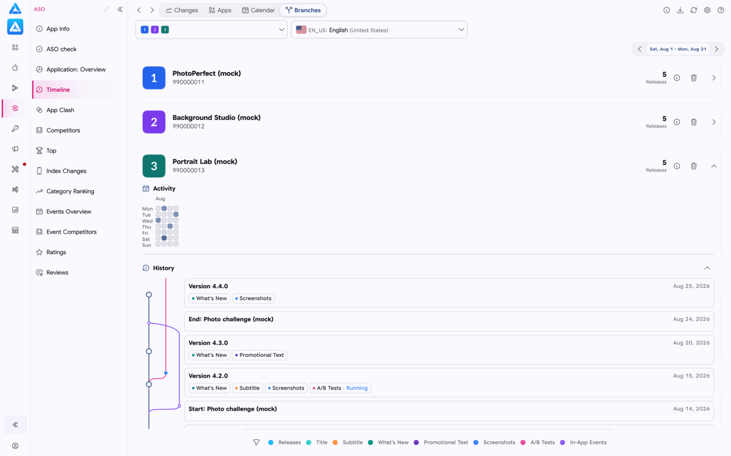 Release branches and events for three mock apps