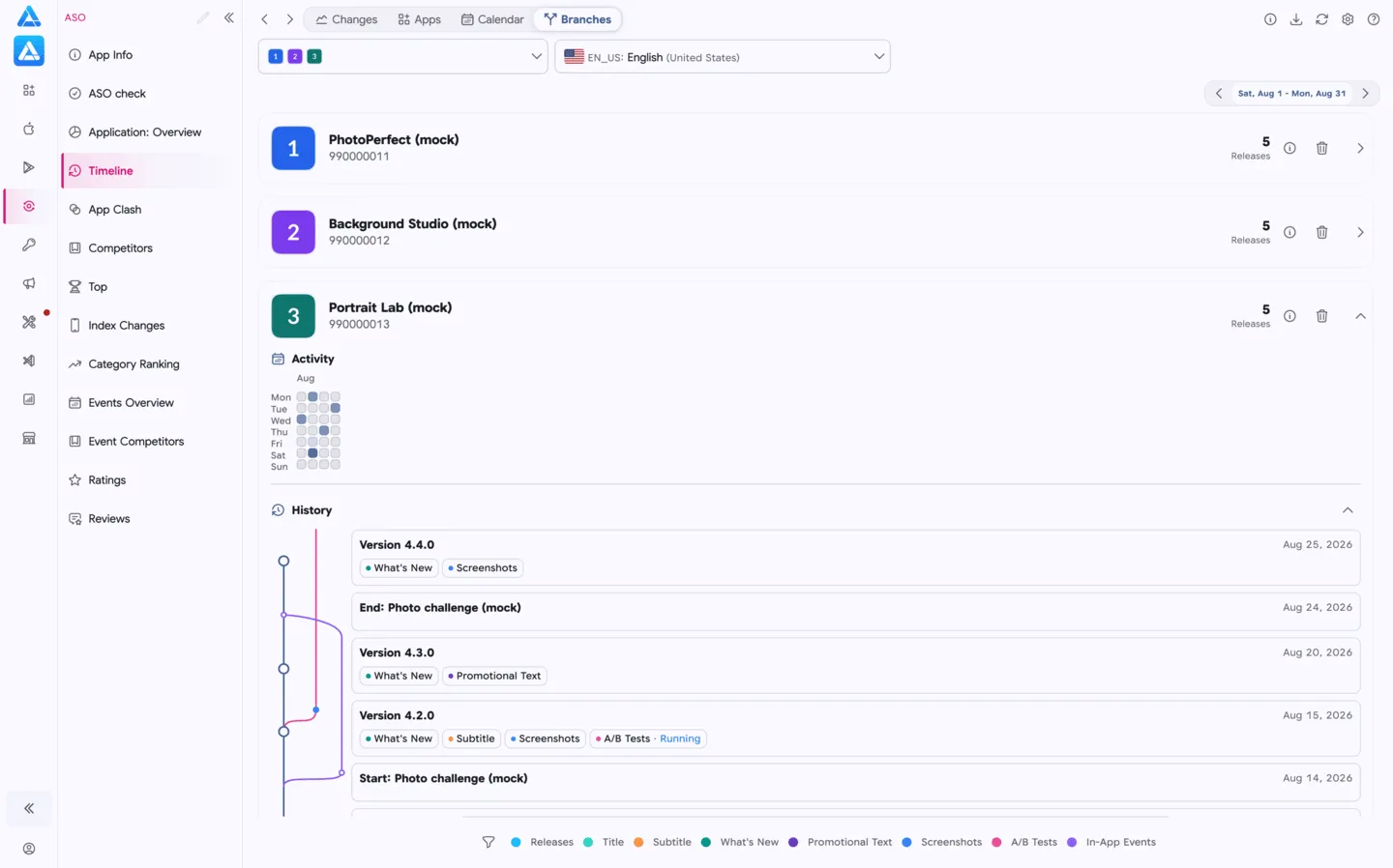 Release branches and events for three mock apps