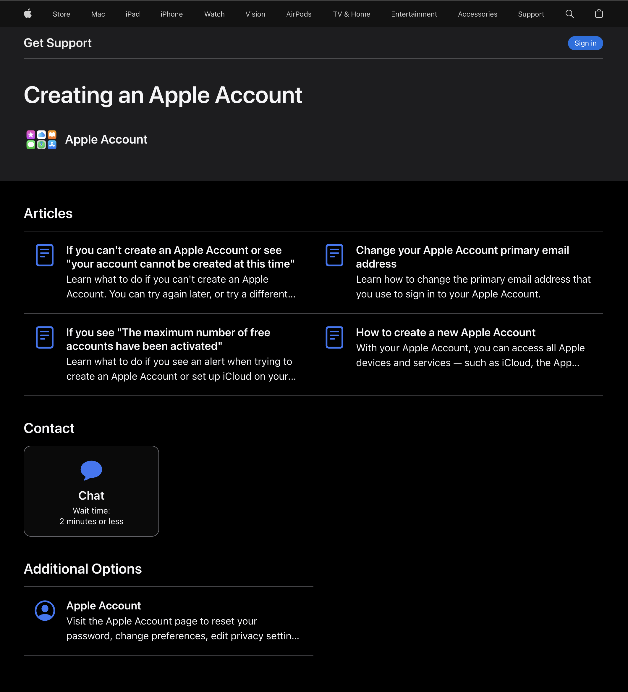 Apple Support page with Chat option for creating an Apple Account