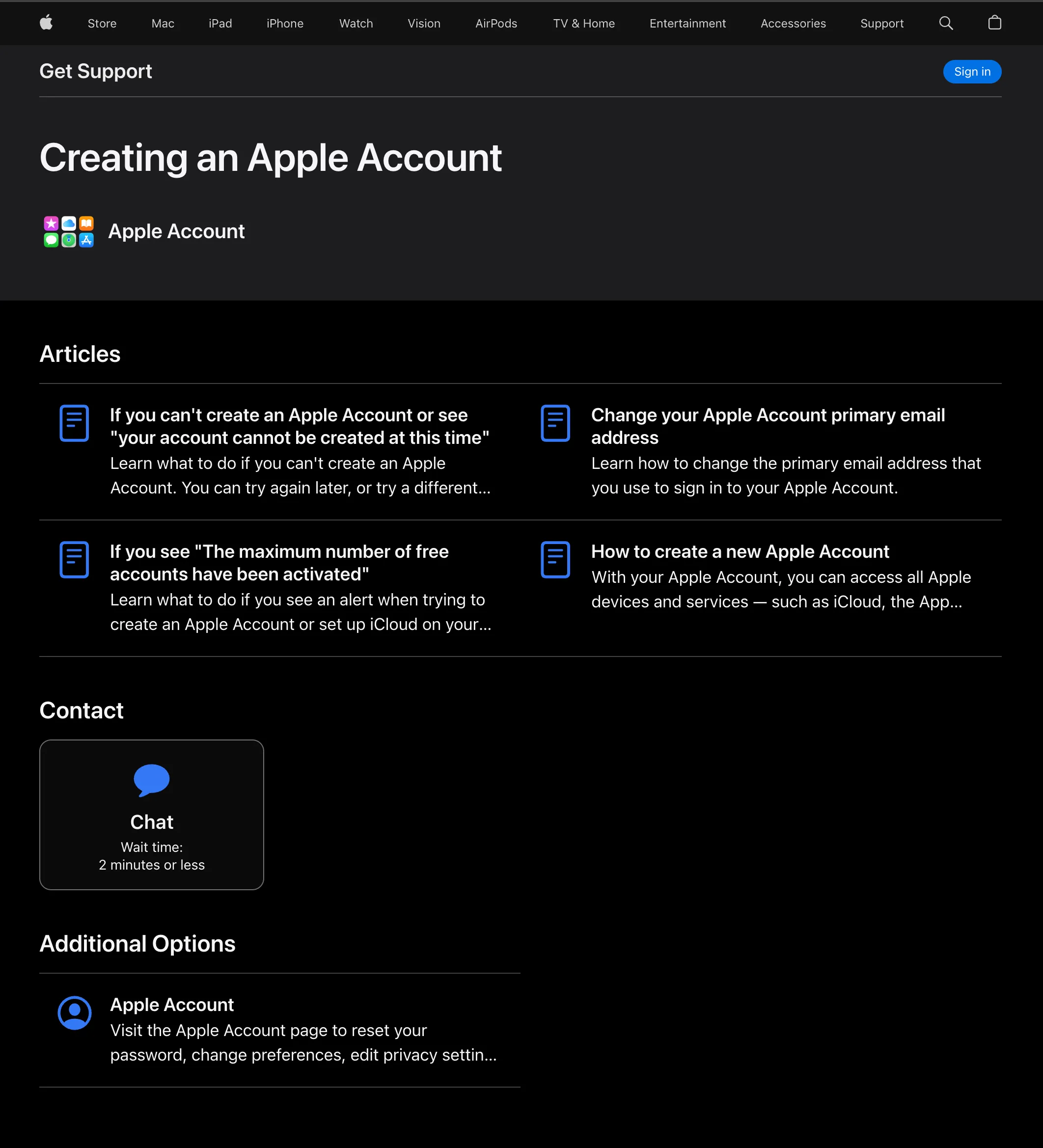 Apple Support page with Chat option for creating an Apple Account