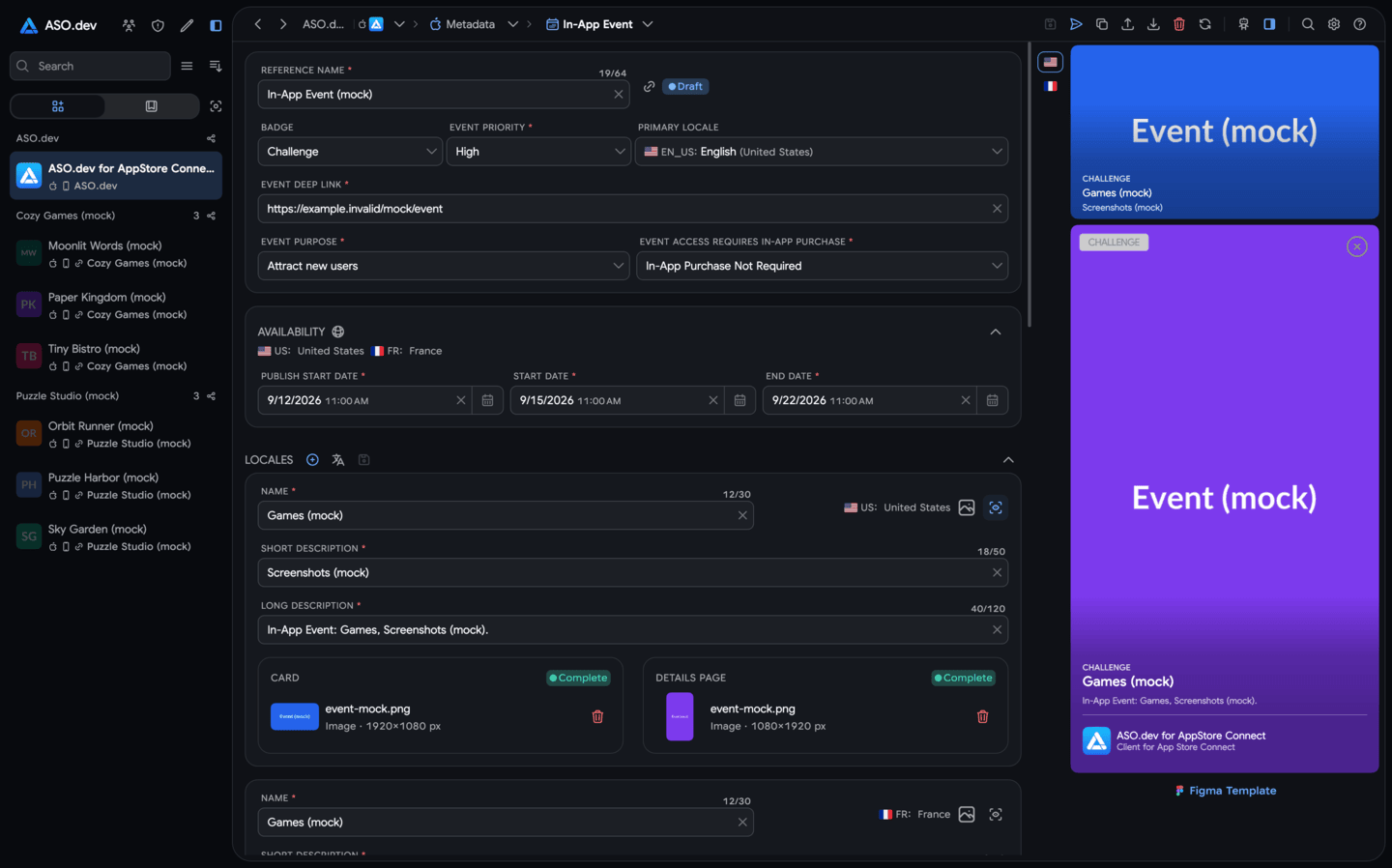Editor for in-app events