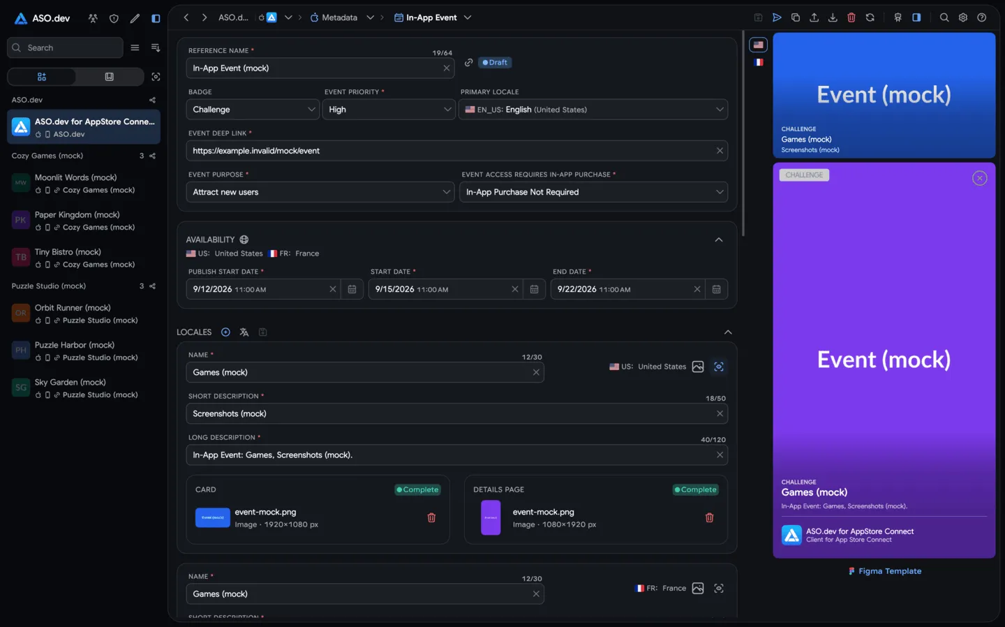 Editor for in-app events