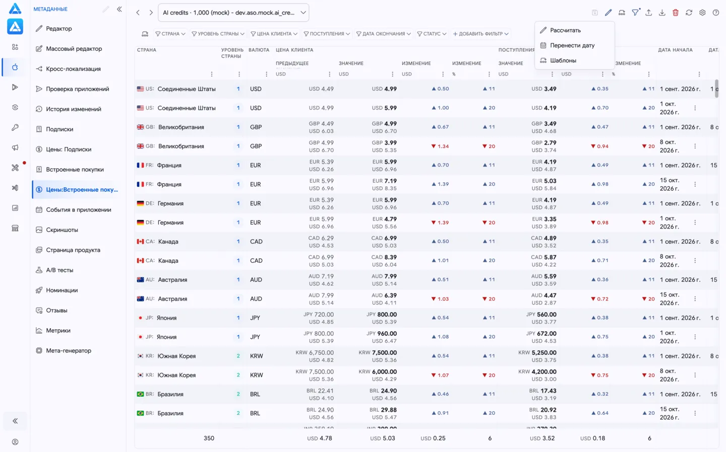 Цены встроенных покупок