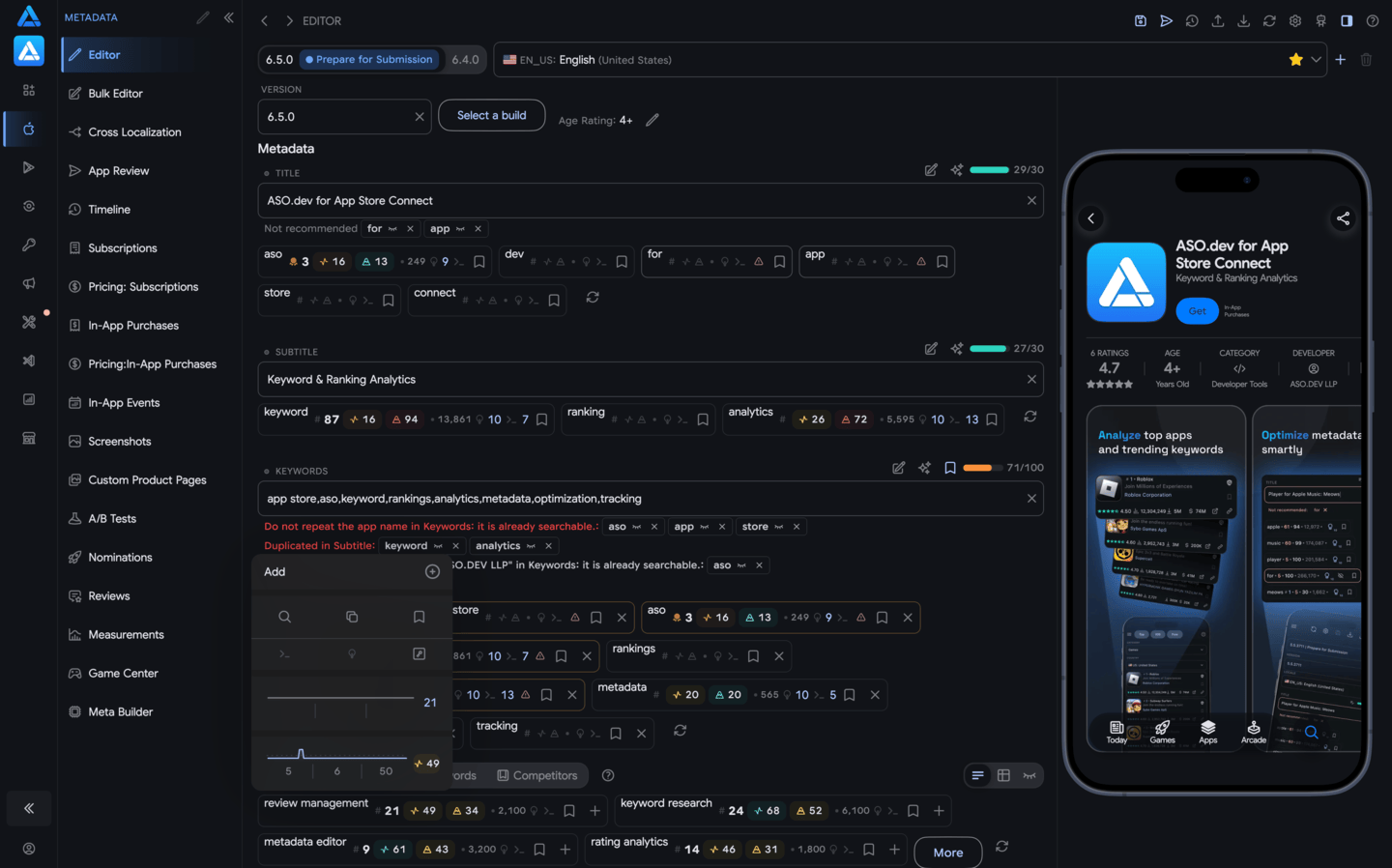 ASO.dev 智能 App Store 元数据编辑器
