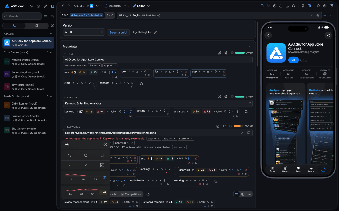 ASO.dev smart App Store metadata editor