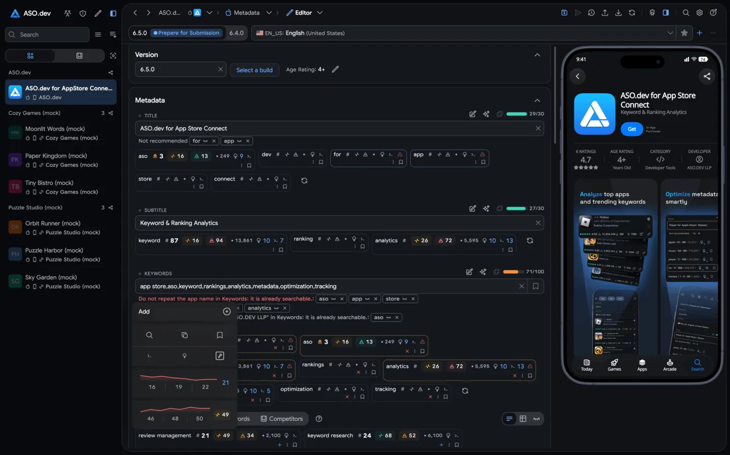 ASO.dev smart App Store metadata editor